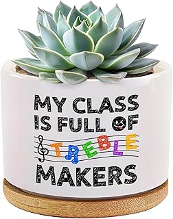 My Class Is Full Of Treble Makers Music Teacher Gifts Teacher Appreciation Day From Students Musicians Ceramic Succulent Plant Pot with Bamboo Tray Round Home Office Decor 3.5 Inch White (No Plants)