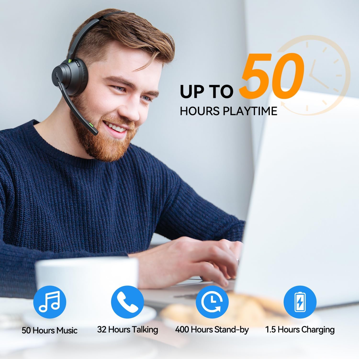 AUSDOM Trucker Bluetooth Headset with Microphone: A2301 Wireless 5.2 On-Ear Headset with AI Noise Cancelling Mic & Mute Button, 50H Playtime for Work from Home Office Call Center Cellphones Laptop - Image 3