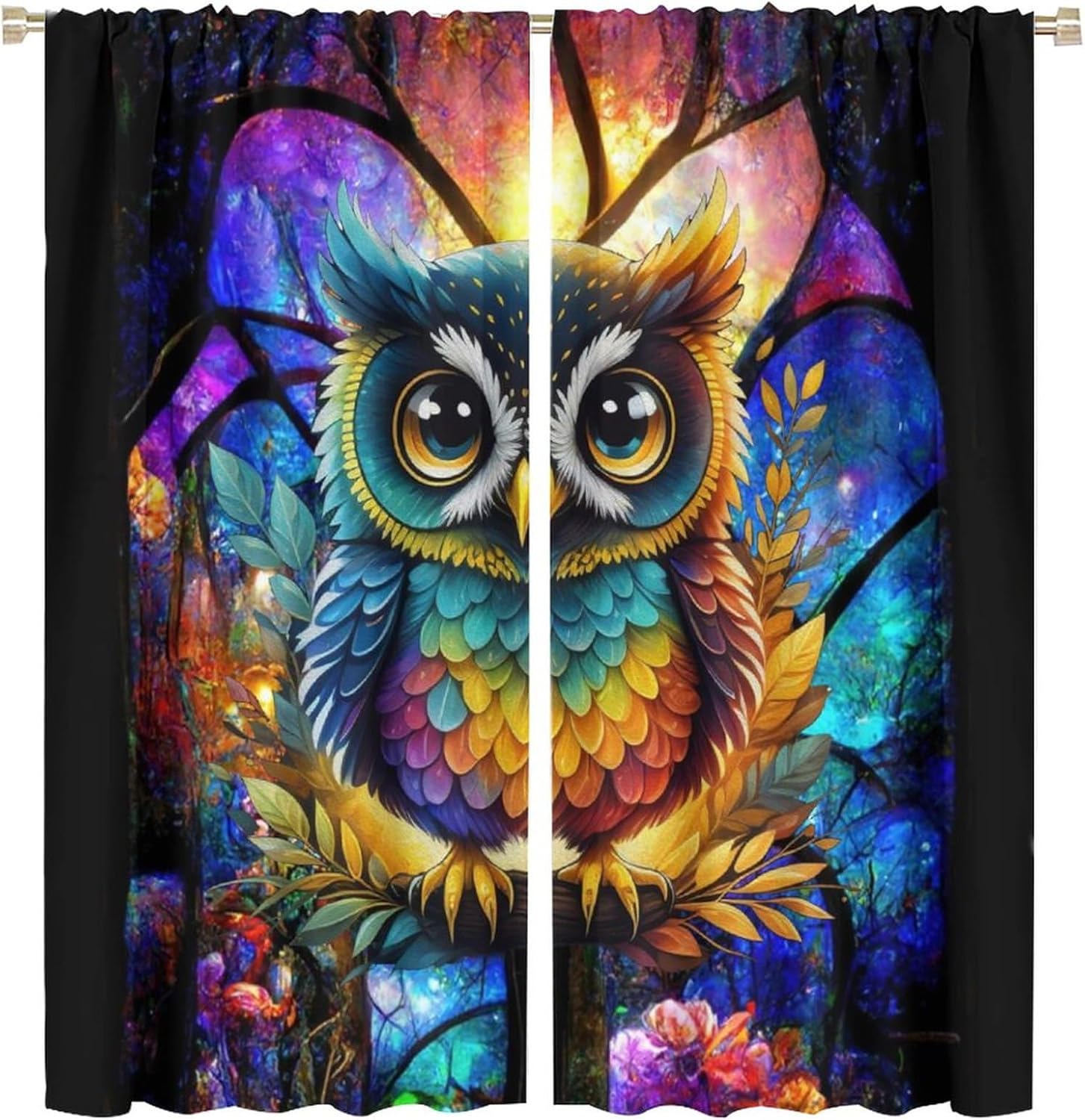Fantasy Woodland Wildlife Owl Blackout Curtains for Living Room,Rainbow Colorful Forest Cute Owl Room Darkening Window Curtains with Rod Pocket - 2 Panels 72" L x 31.5" W