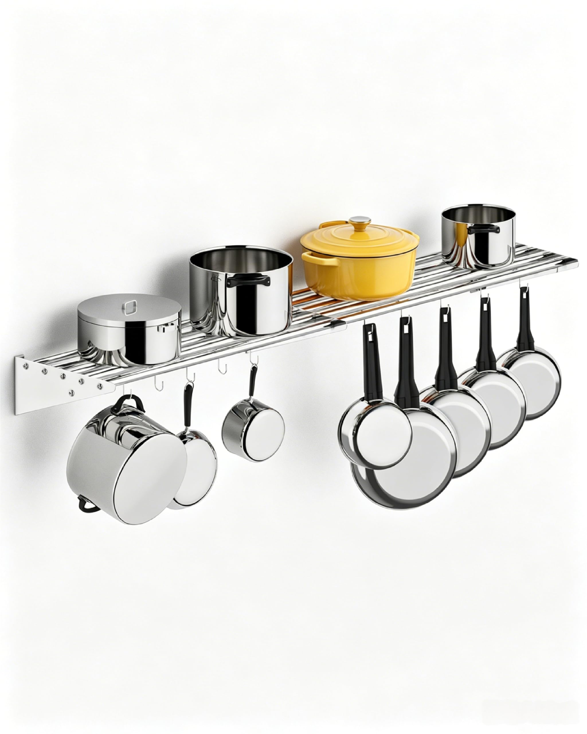 Aptliton Wall Mount Pot Pan Rack, 154CM Silver Stainless Steel Kitchen Utensil Hanging Shelf with 10 Hooks, Cookware Organiser Saucepan Rack