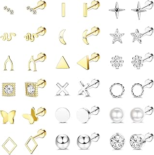 18Pairs Flat Back Stud Earrings for Women Men Hypoallergenic Surgical Steel Screw Back Tiny Small CZ Heart Star Moon Flatback Earrings Studs Set Cartilage Piercing Jewelry