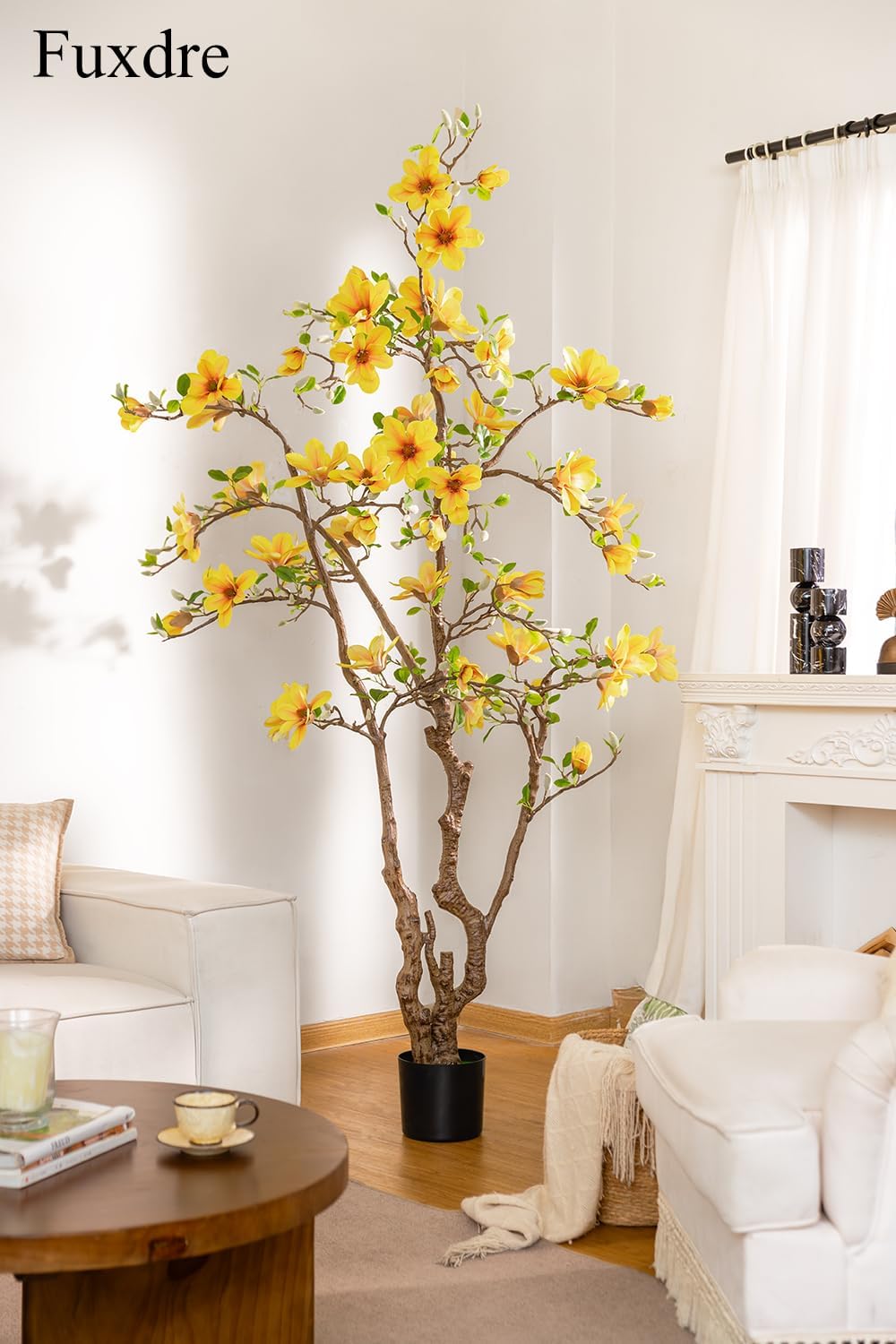 Faux Magnolia Tree 6.8 ft - with 57 Pcs Yellow Artificial Flowers - Tall Artificial Plants Indoor, Large Fake Plant Perfect Potted Magnolia Flower Decor for Living Room, Stairs, Shop, Study Room
