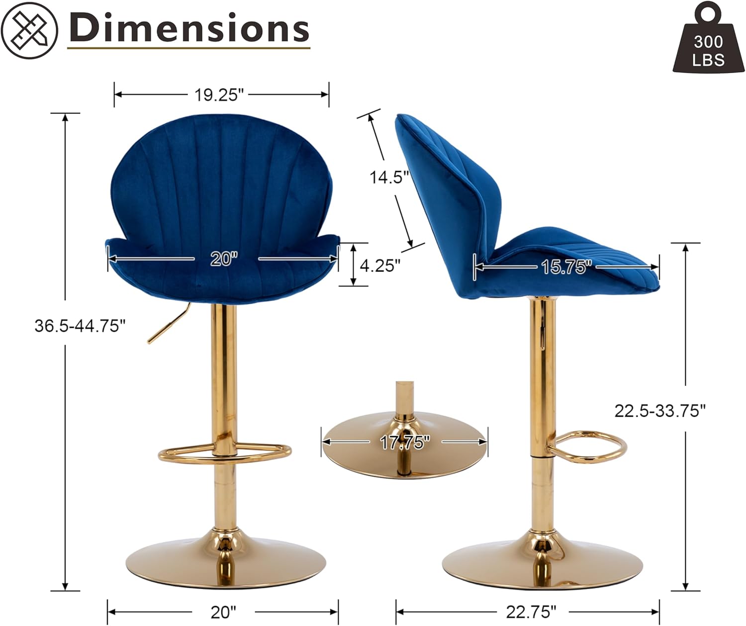 CIMOTA Adjustable Height Gold Bar Stools Set of 2 Swivel Bar Chairs Modern Barstools with Shell Shape Back Kitchen Stools for Island/Home Bar/Counter, (Gold Base/Velvet Navy Blue)