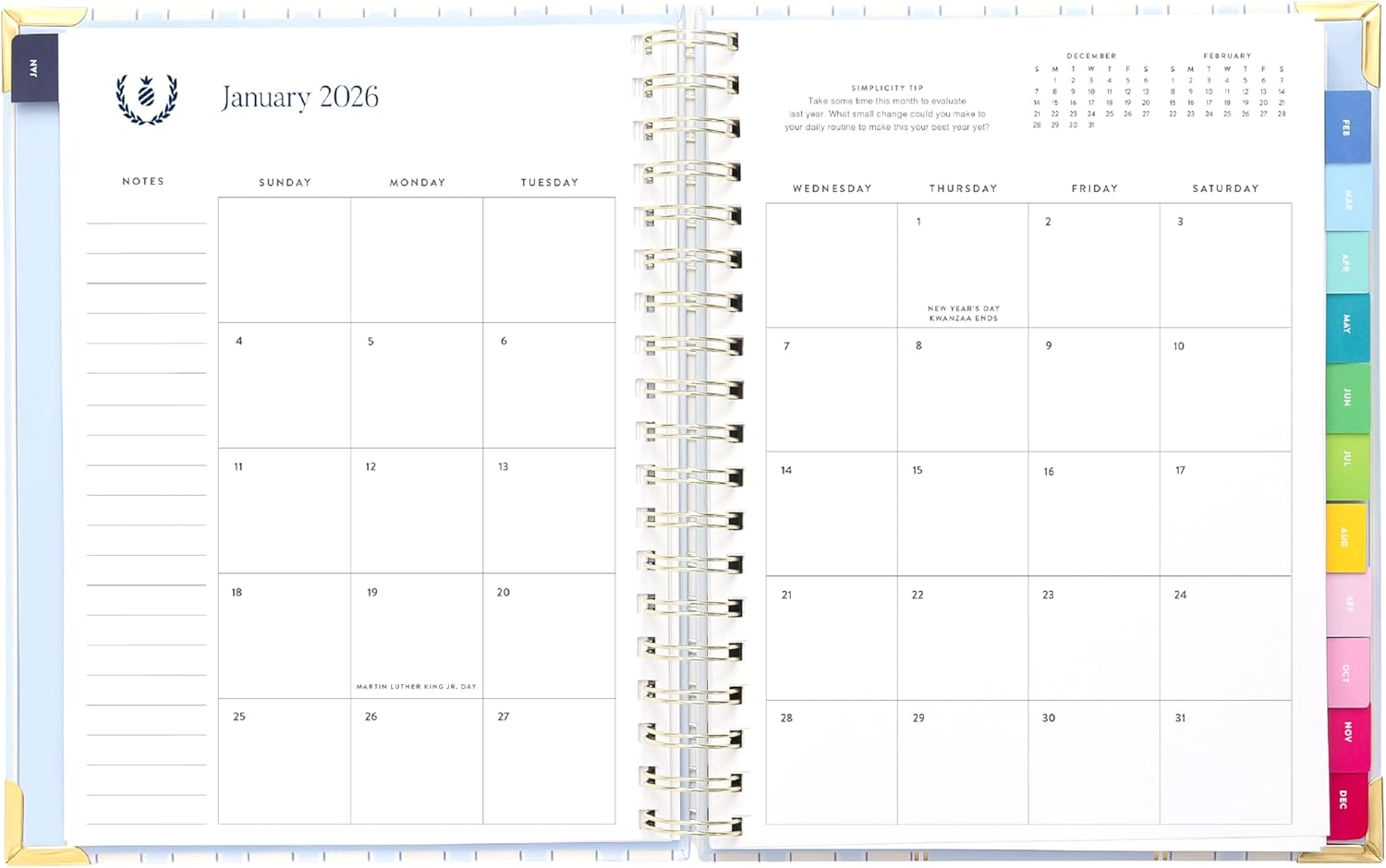 Simplified 2026 12-Month Spiral Weekly Planner — Serene Stripe — January 2026 - December 2026, Calendar Year Organizer with Stickers, Pockets, and Keepsake Box