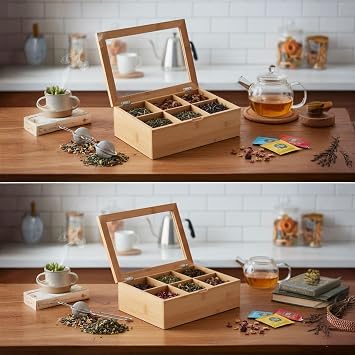 Deconox Bambu 6 Bölmeli Çay Kutusu -%100 Orjinal Bambu Mıknatıslı Kapak 21x16,5 x7cm