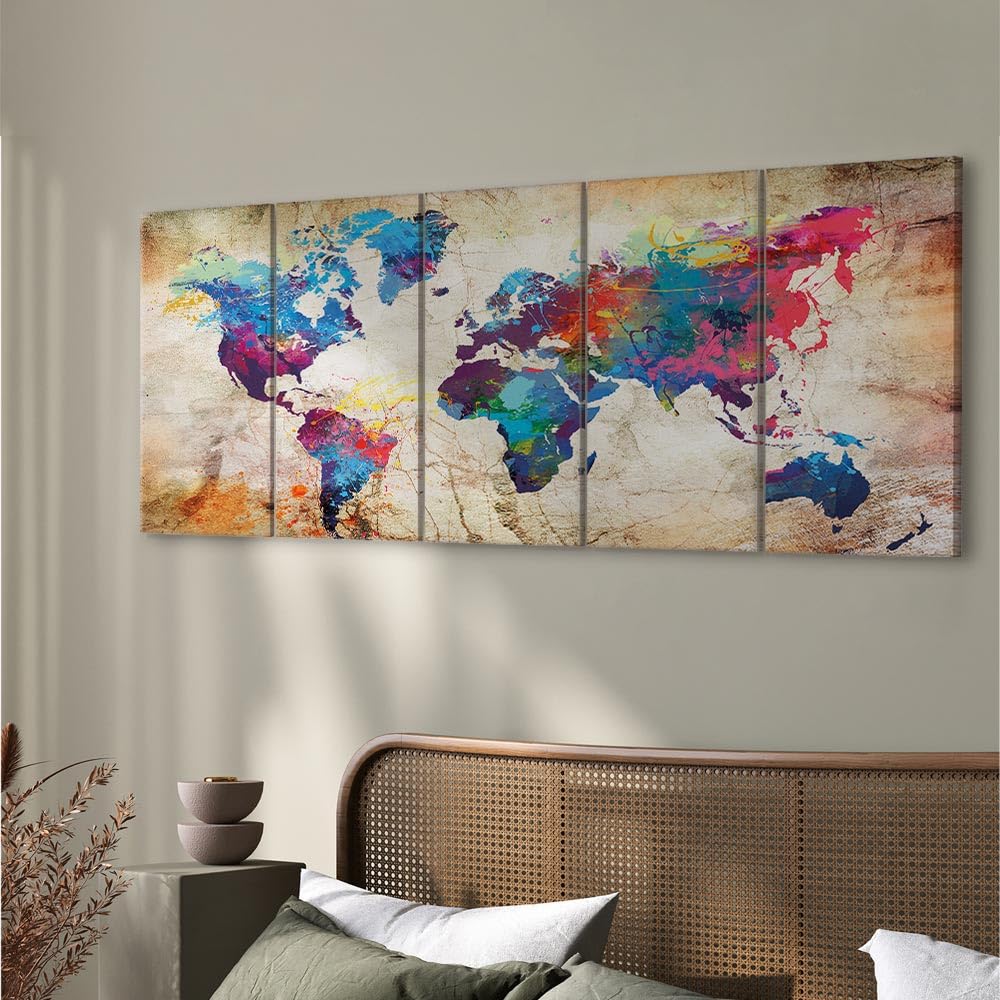 B&D XXL - Leinwandbild Struktur Landkarte, 225x90 cm, 5-teilig, Wohnzimmer | Hochwertige Leinwand, sofort aufhängbar, ideal fürs Wohn- oder Schlafzimmer, wasserfest und lichtecht, langlebig, stilvoll