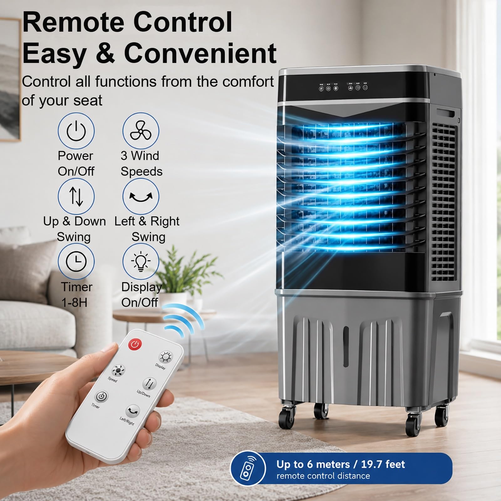 Climatizador Evaporativo Industrial 5500 CFM, Aire Portatil Acondicionado con Depósito de Agua de 60 L, 4 Paquetes Hielo, Control Remoto y Temporizador 8 Horas, Apto para Uso Comercial