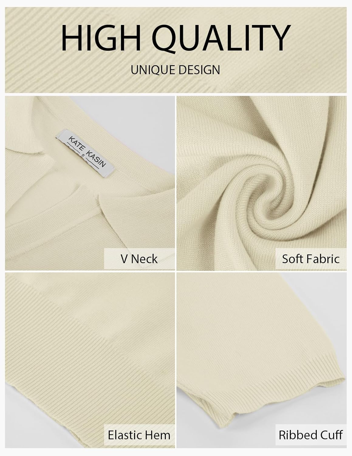 Kate Kasin Women Short Sleeve Polo Sweater V Neck Knitted Tops Casual Ribbed Shirt Loose Pullover Sweater - Image 4