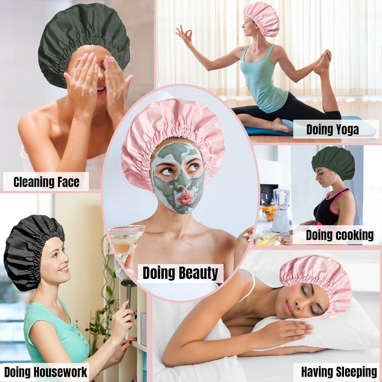 Reusable Shower Caps for Women Waterproof – Extra Large Washable Elastic Band Bath Hair Hat,Waterproof Shower Bonnet for Long Hair Braids Curly Hair Caps with Bath Sponge Shower Loofahs(Pink)