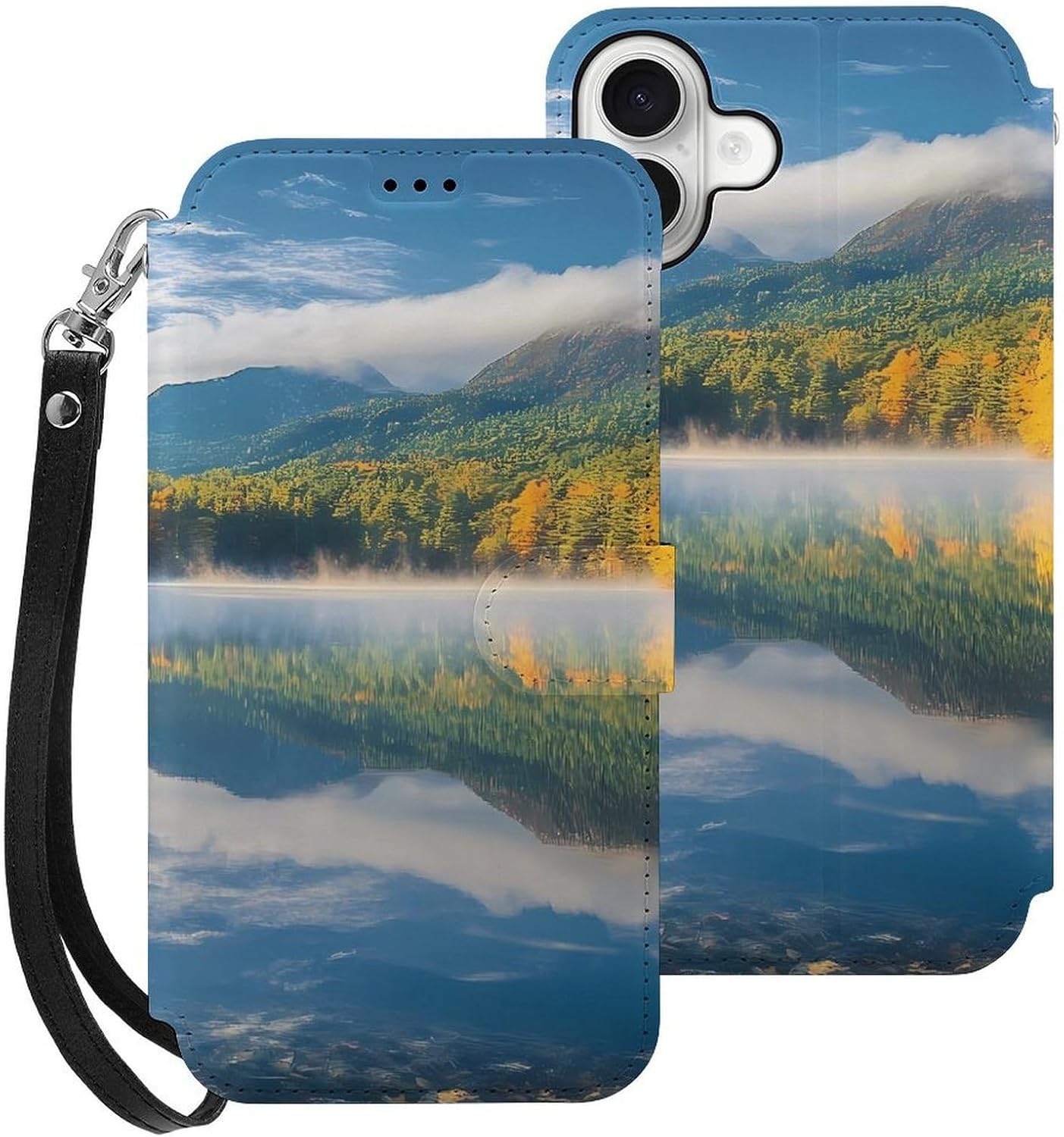 Lake Boat Autumn Compatible with iPhone 16/16 Plus/16 Pro/16 Pro Max/16 E Case Phone Wallet Card Holder Flip Cover with Wrist Strap