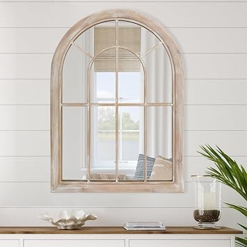 Farmhouse Window Pane Mirror, Rustic Arched Wood Mirror for Wall Decor, Decorative Mirror for Living Room, Bedroom, Fireplaces, Hallways, Entryway, 36" Lx 26" W Light Brown