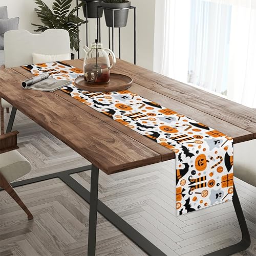 Miniatura 3 de Camino de mesa de Halloween, calabaza, fantasma, murciélago, caramelo, camino de mesa de lino, 13 x 36 pulgadas, camino de mesa rústico de granja,