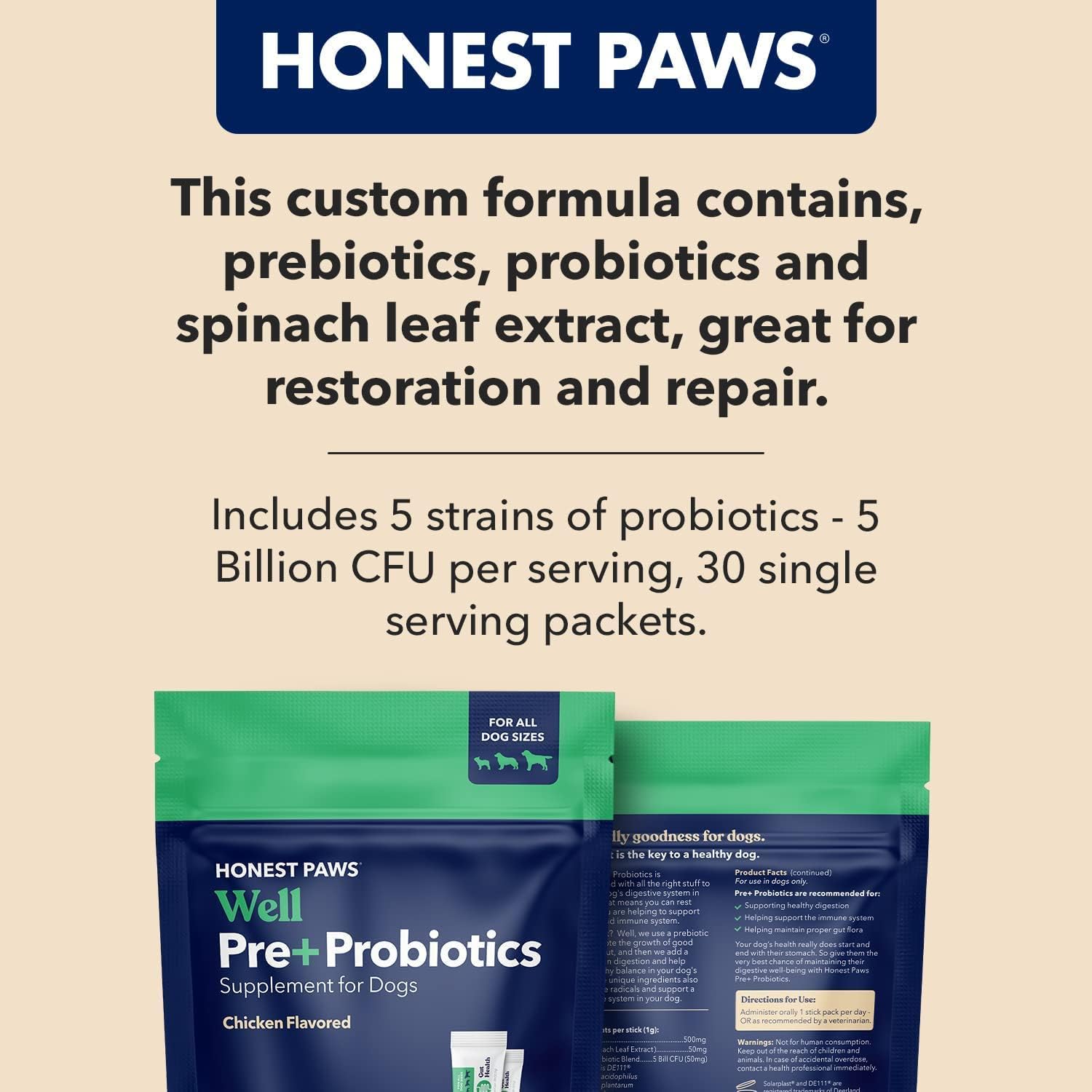 Honest Paws Probiotics for Dogs Made in USA - Dog Probiotic Powder with Prebiotic for Healthy Gut, Digestive and Immune Support - Digestive Enzymes with Chicken Flavor (30 Sticks) : Pet Supplies