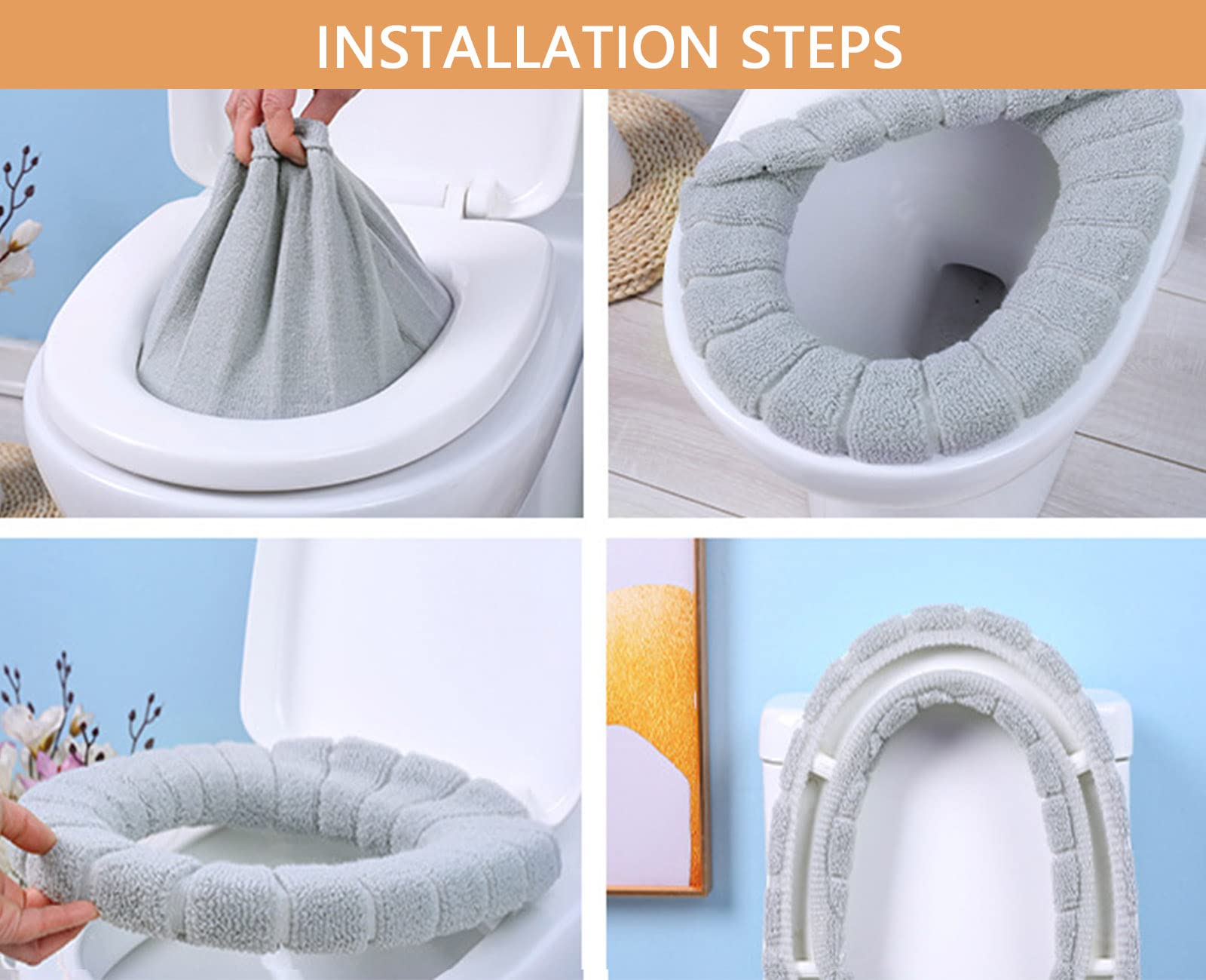 4 Piezas Funda de Asiento Lavable para Inodoro Tapa de Inodoro Almohadillas Fundas de Asiento de Inodoro Cálidas Elástica Cojín de Asiento de Inodoro Acolchado para Baño, Suaves y Cálidas