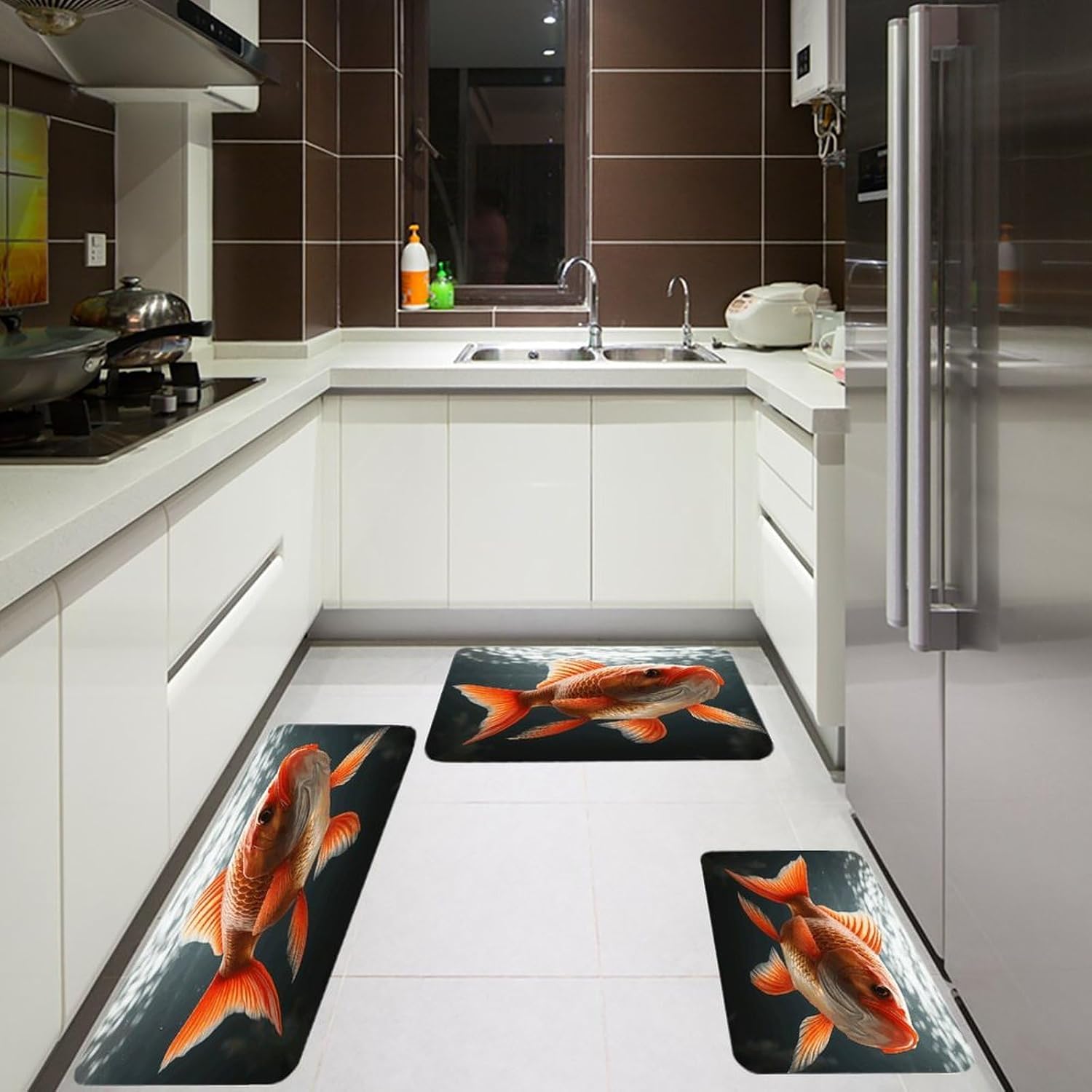 Real Fish Kitchen Rugs Sets of 3 Washable Non Slip Kitchen Rug Water Resistant Carpet Piece Anti Fatigue Kitchen Mats Soft Comfort Standing Mat Modern Area Rug