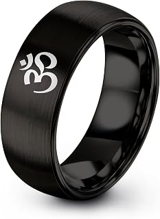 Om Symbol Ring - Gift for Wrestling Fan - Flat Dome Bevel - 8mm - Brushed Polished - Men Women - Tungsten - Personalized Custom Engraving - Anniversary Wedding - Band - Black Yellow Gold Silver