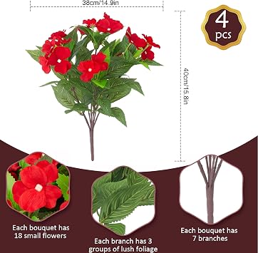 Daynight 4 Pcs Artificial Impatiens Flowers for Outdoor Flowers UV Resistant Faux Red Flowers Impatiens Bushes Silk Artificial Flowers Bouquet for Patio Garden Porch Decor (4, Red)