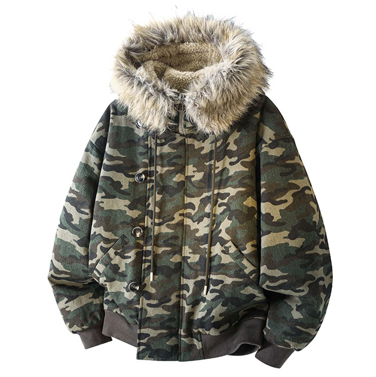 Herren Skijacke Warm Gefüttert Winterjacke mit Fellkapuze Outdoor Snowboardjacke Gepolstert Camouflage Vintage Übergangsjacke Winddichte Windbreaker Dicke Steppjacke