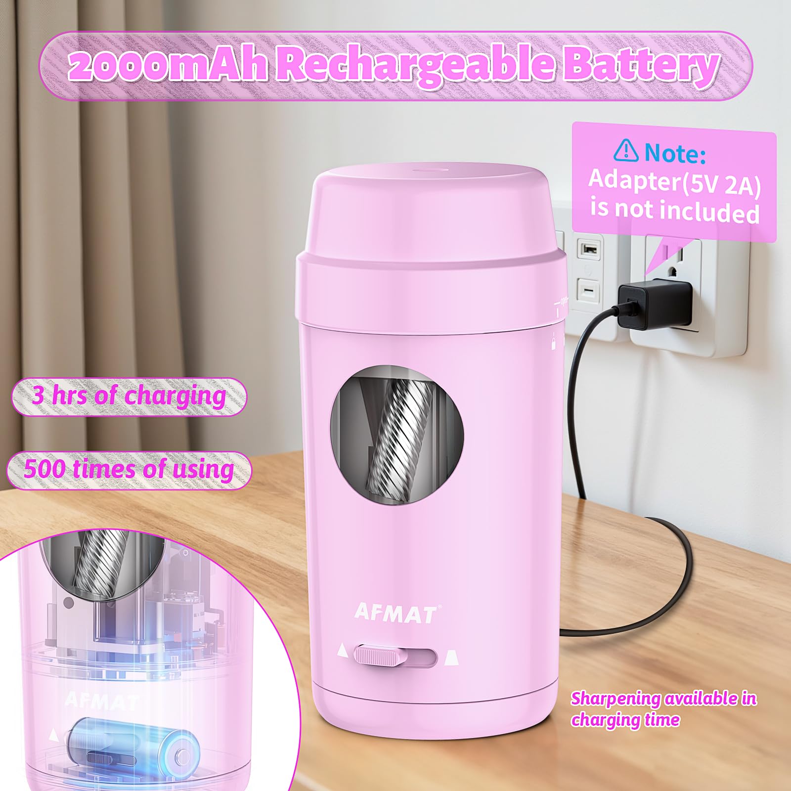AFMAT Temperamatite elettrico completamente automatico, temperamatite elettrico con contenitore per matite da 7-8 mm, ricaricabile e portatile, grazioso temperamatite da scrivania per bambini/artisti