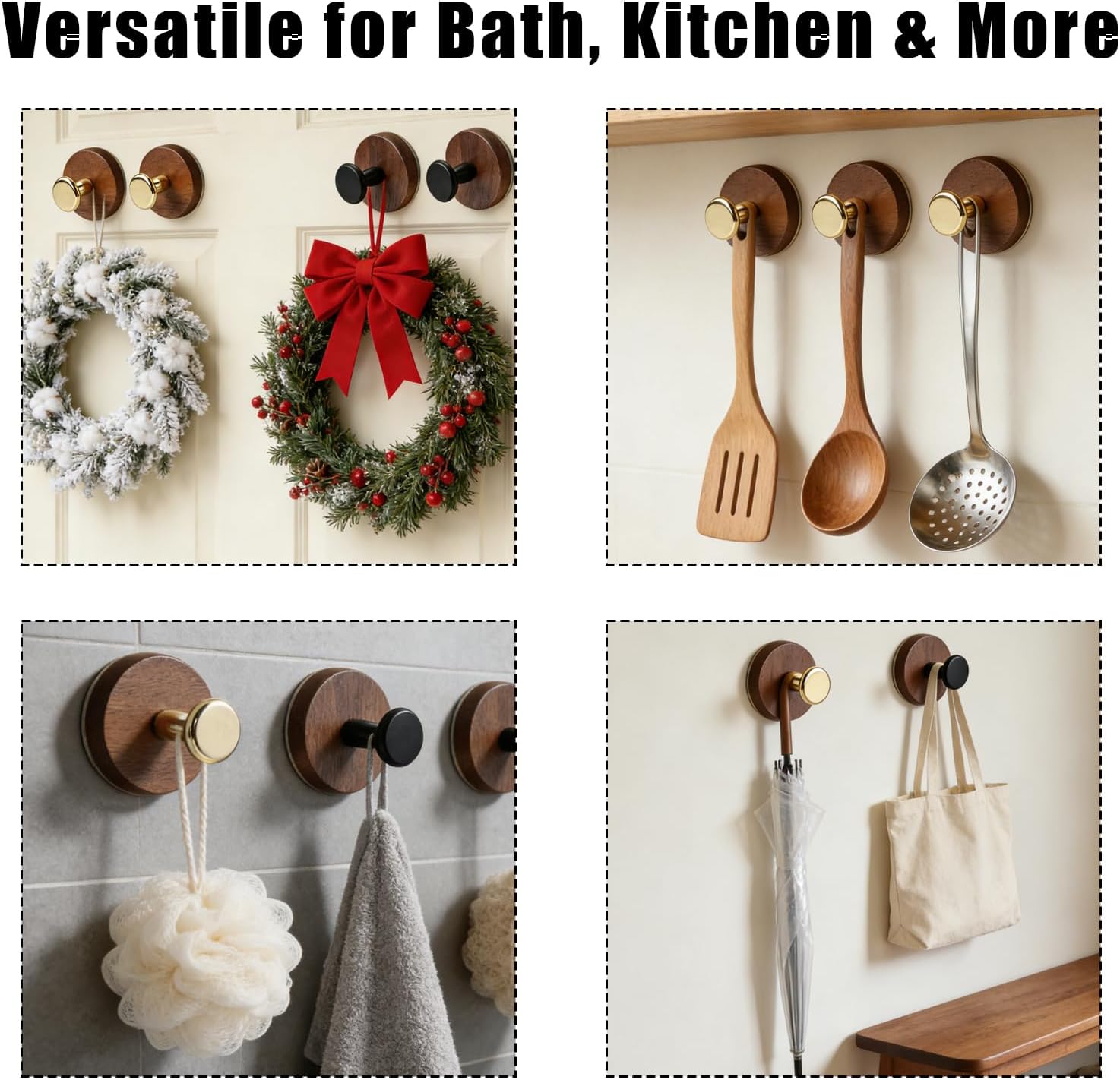 Suction Cup Hooks,Wreath Hangers for Front Door,for Front Door No Damage Wall Hooks and Shower Hooks for Towels, Coats, Decorative Garlands(8,Walnut)