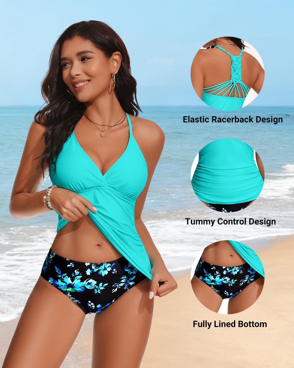Holipick Tummy Control Two Piece Tankini Set Swimsuits for Women V Neck Tankini Top Bathing Suits with Swim Bottom - Image 3