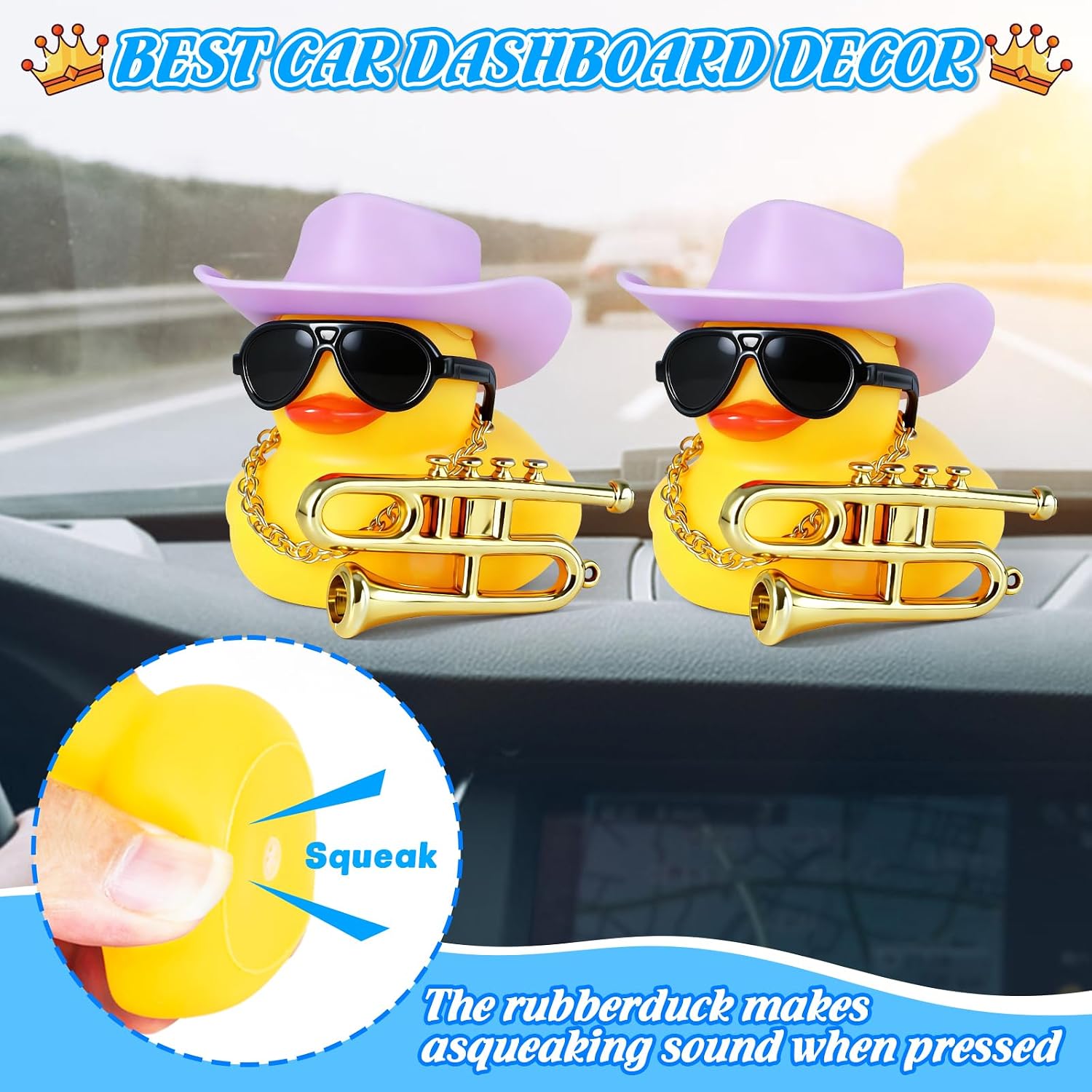 Funny Saxophone Rubber Duck Car Decor with Purple Cowboy Hat, Sunglasses & Gold Necklace - Dashboard Ornament Accessories, Squeak Sound, DIY Assembly for Vehicle Interior