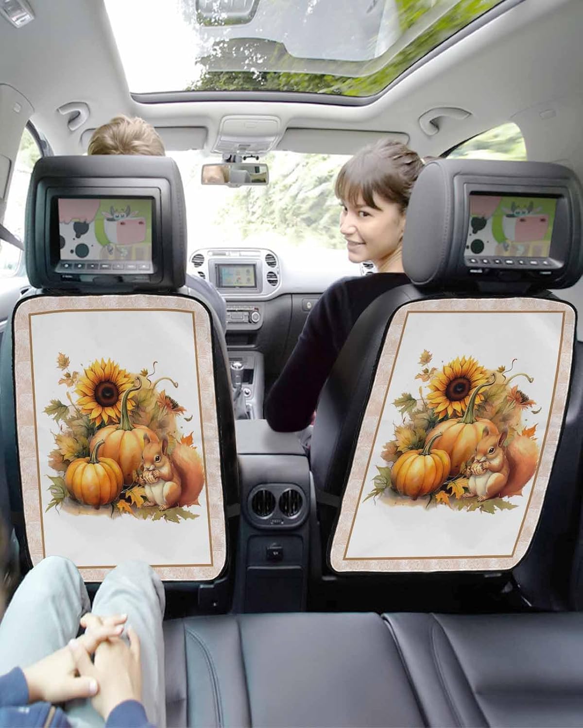 Car Seat Protector, 2 Pack Kick Mats Back Seat Protector Thanksgiving Rustic Pumpkin with Sunflowers and Squirrel Waterproof Backseat Cover for Kids Universal Fit Automotive Interior Protectors