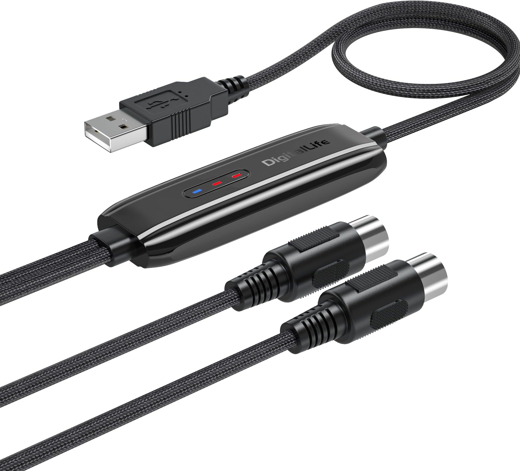 DigitalLife MIDI Interface - MIDI to USB Cable - 5-Pin DIN MIDI (In/Out) to USB Converter with LED Indicator