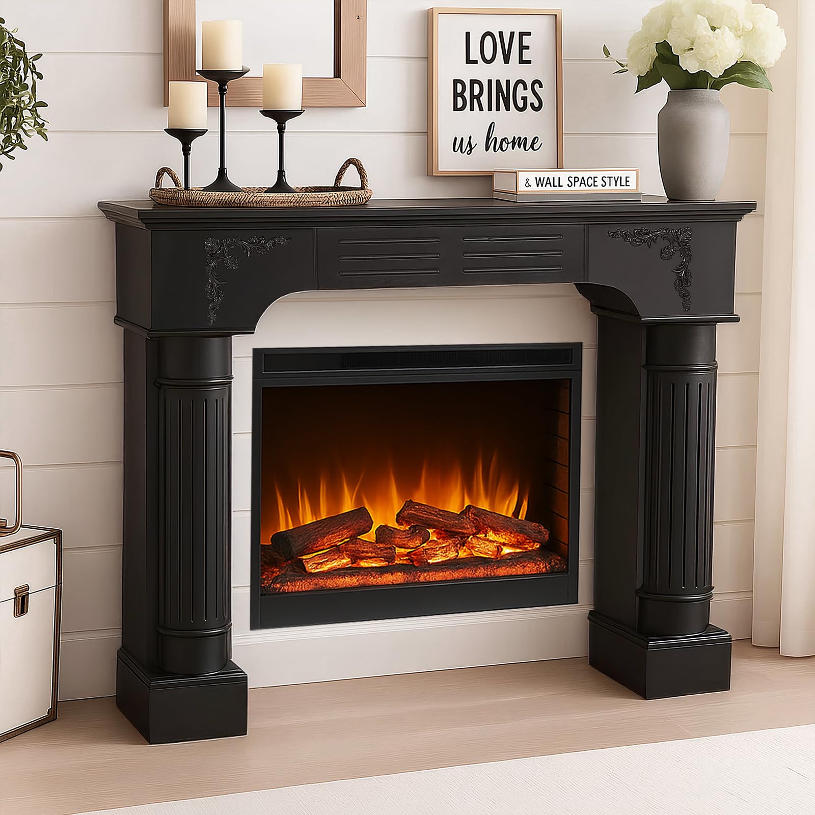 HOMEDIARY 43.3" Fireplace Mantel, Freestanding Fireplace Surround with Leg for Electric Fireplaces, MDF Mantel Surround with Shelf for Living Room with Decorative Pattern, Anti-Tipping &amp; Waterproof