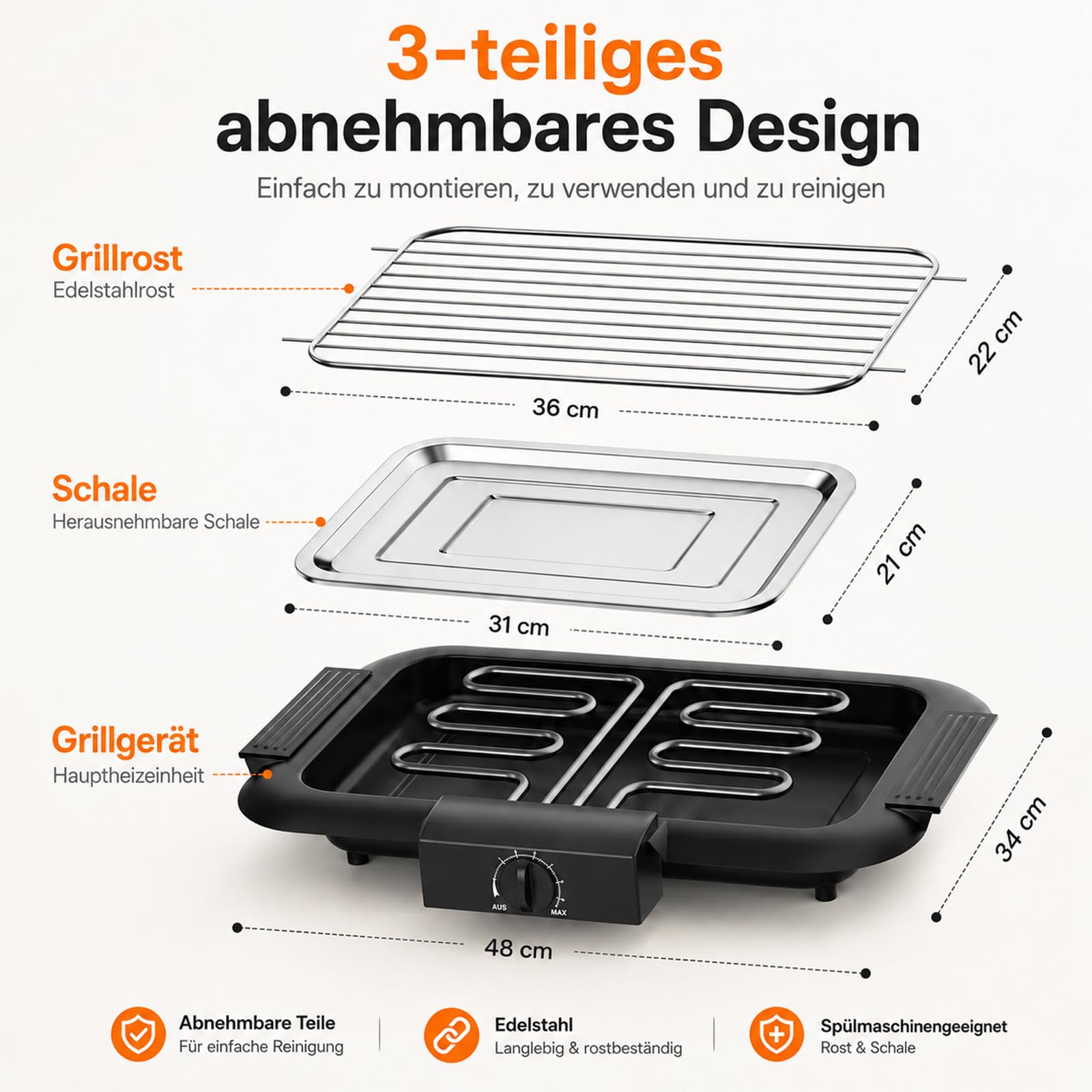 Barbacoa eléctrica de mesa, barbacoa eléctrica con superficie de parrilla de 48 x 34 cm, 2000 W, 6 ajustes de temperatura, parrilla de pie con rejilla extraíble de acero inoxidable y bandeja colectora