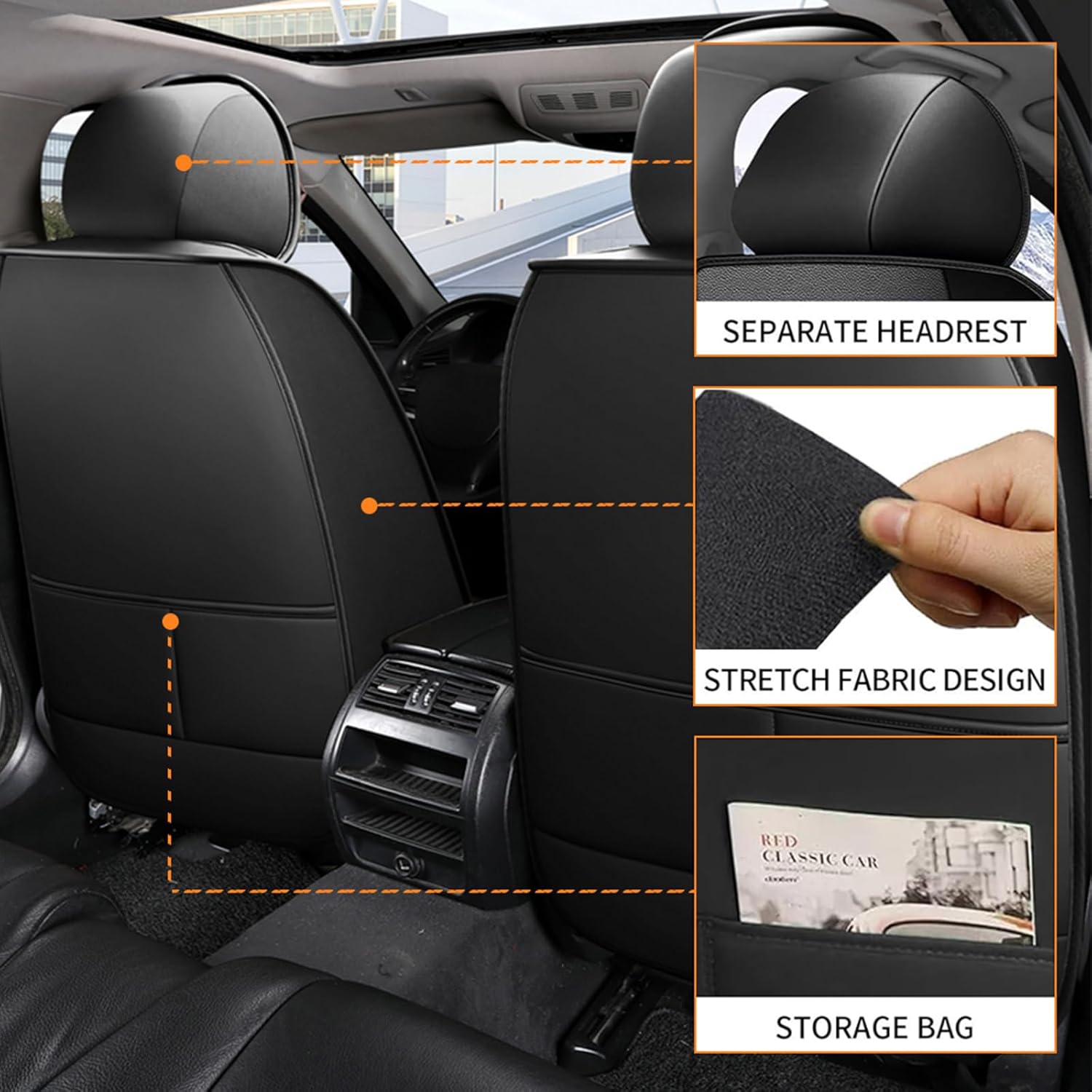 Car Seat Covers for Honda Passport 2024-2026, Full Set 5 Seat Premium Napa Leather Waterproof Breathable Anti-Slip Seat Protectors with Airbag Compatible Design(Standard,Black&Orange)