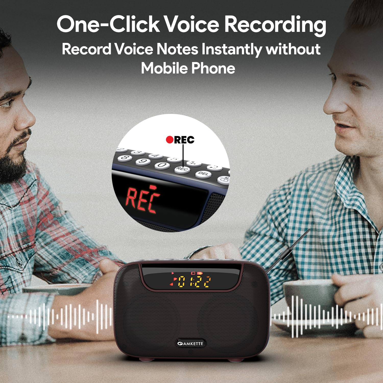 Amkette Pocket Blast with a red REC indicator on its display, showing two people talking, illustrating the voice recording feature.