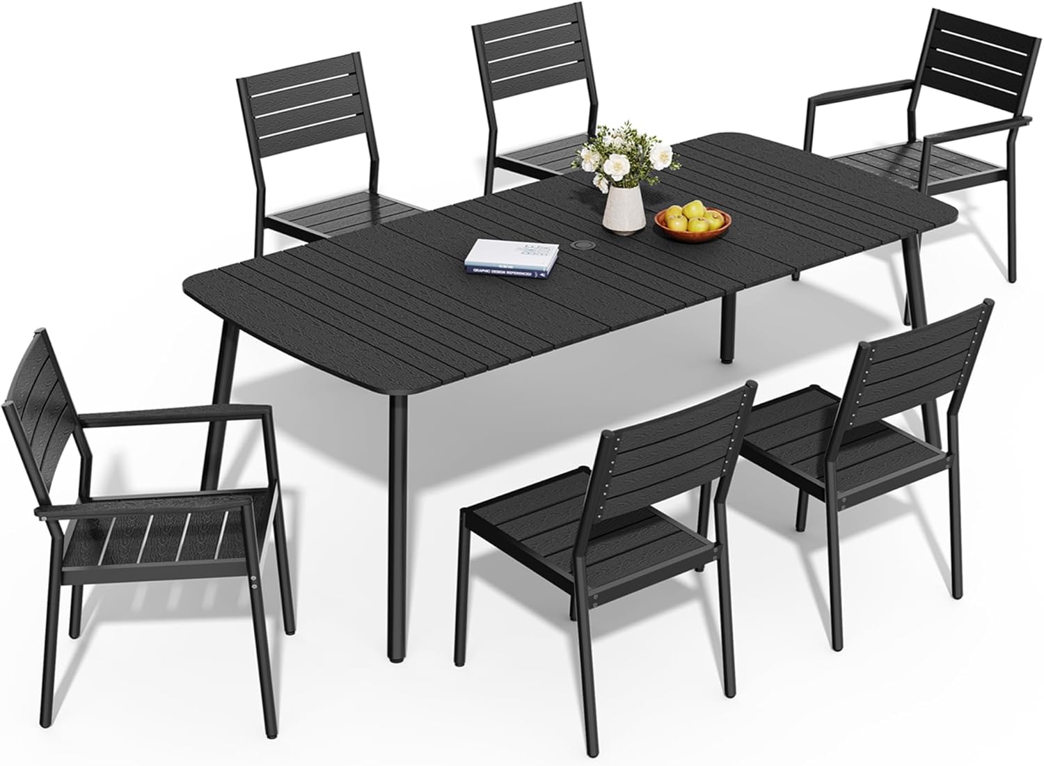 Crestlive Products Outdoor Dining Set for 6, 7-Piece Outdoor Table and Chairs Aluminum All-Weather Woodgrain 83in Patio Dining Sets with Umbrella Hole for Garden Backyard Poolside, Black