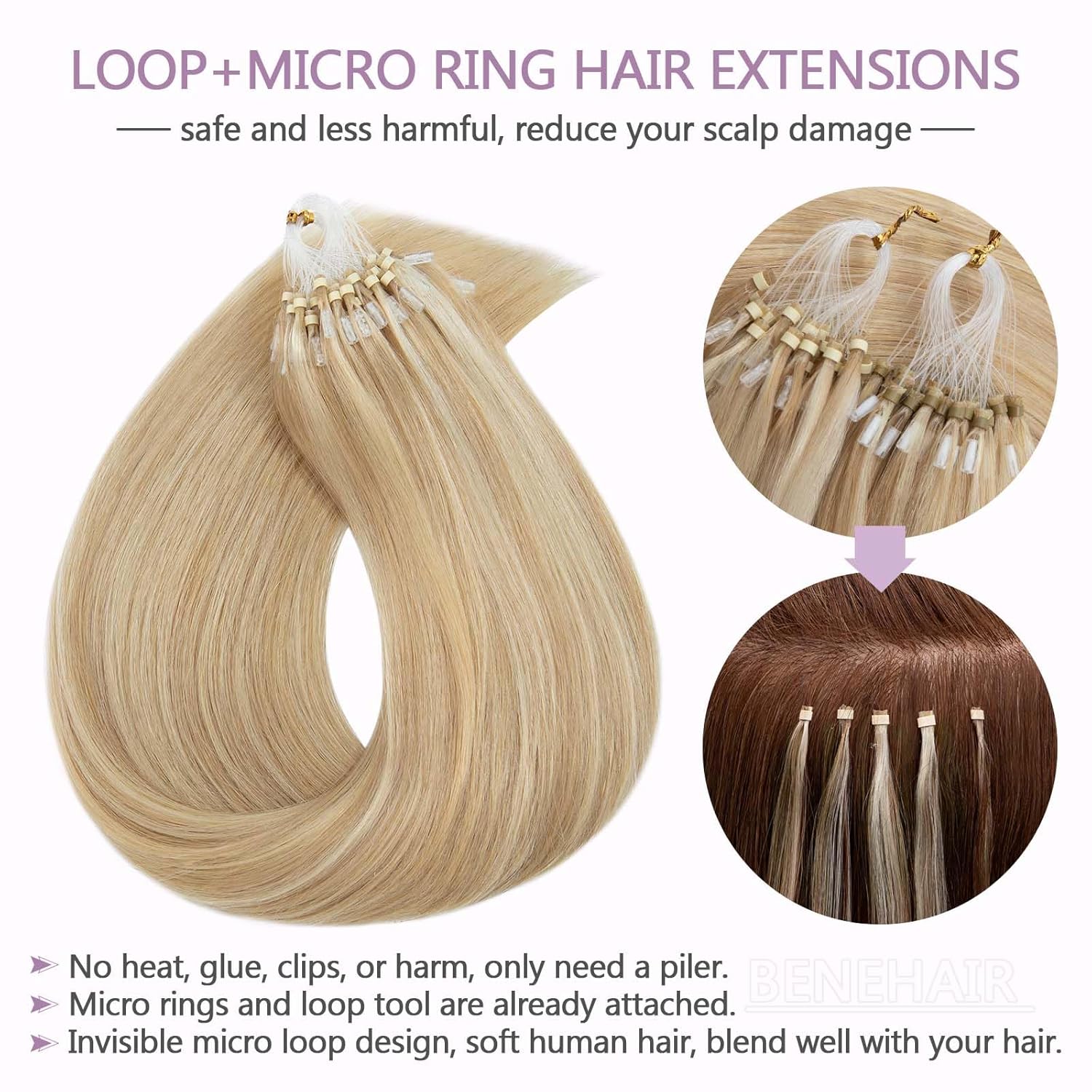 Benehair Microlink Hair Extensions Human Hair Ash Blonde with Bleach Blonde Micro loop Hair Extensions Real Human Hair Invisible Microbead Hair Extensions for Women 22inch Natural Hair Extensions