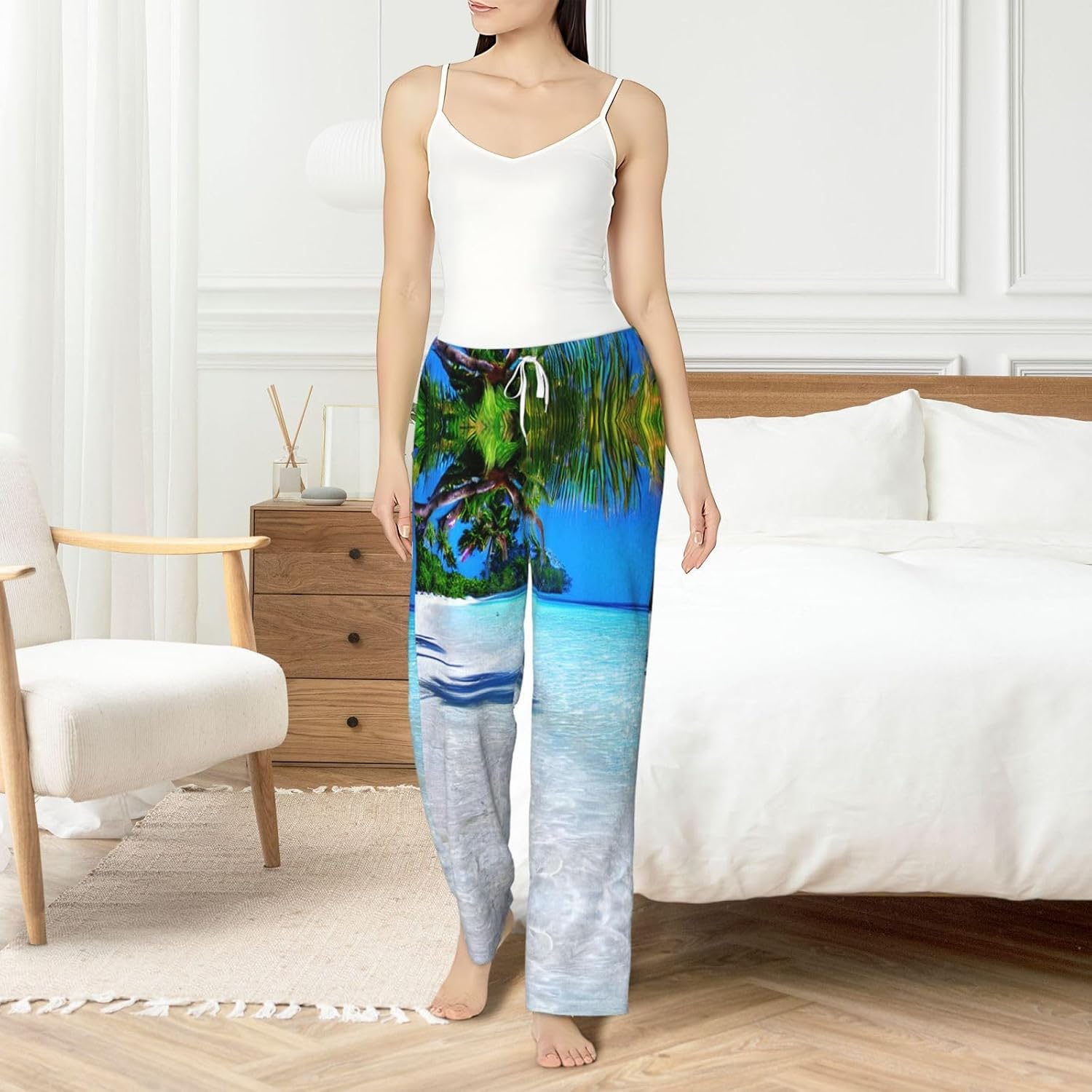 Tropical White Sand Beach And Ocean Print Cozy Flannel Pajama Pants For Women,Warm Christmas Pj Pants,Cute Fleece Pajamas