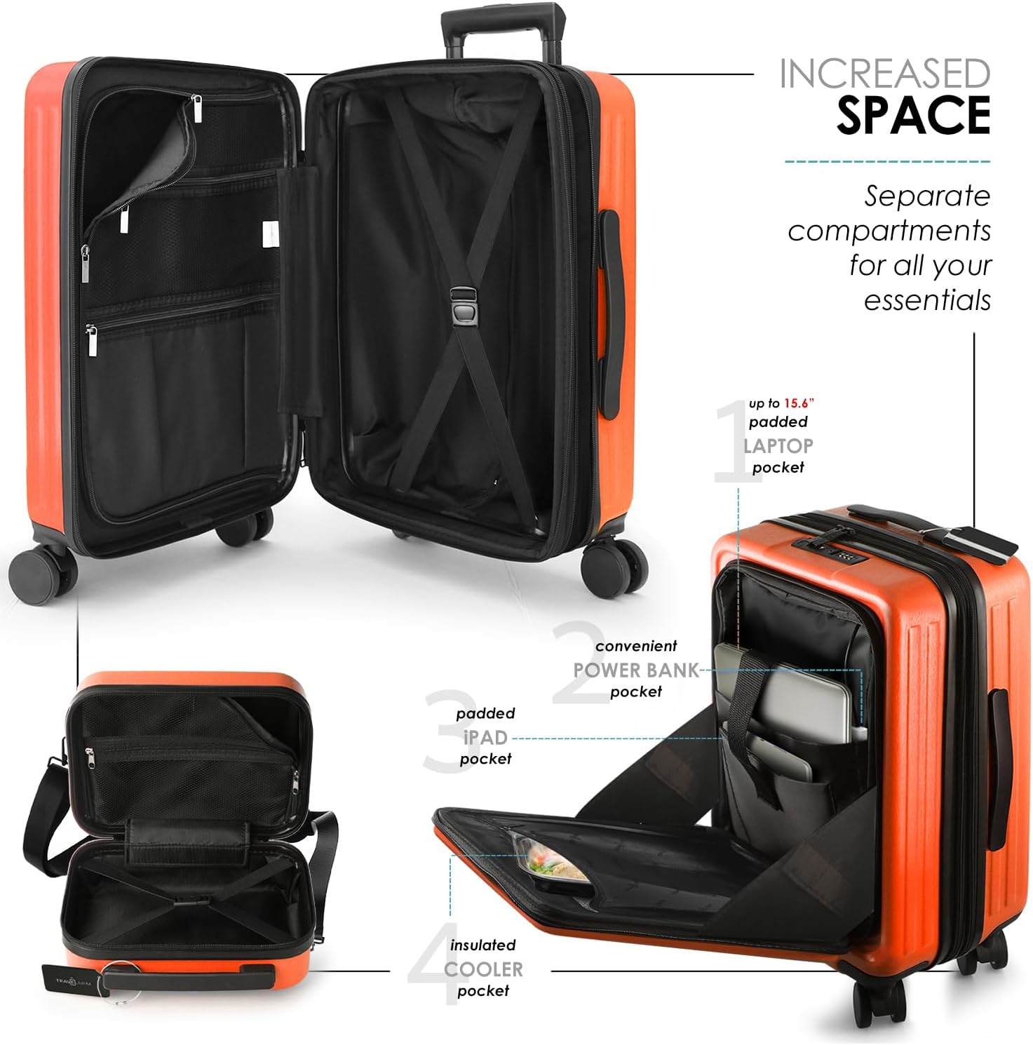 TRAVELARIM 20 Inch Carry On Luggage 22x14x9 Airline Approved, Carry On Suitcase with Wheels, Hard-shell Carry-on Luggage, Durable Luggage Carry-On, Orange Small Suitcase with Cosmetic Bag
