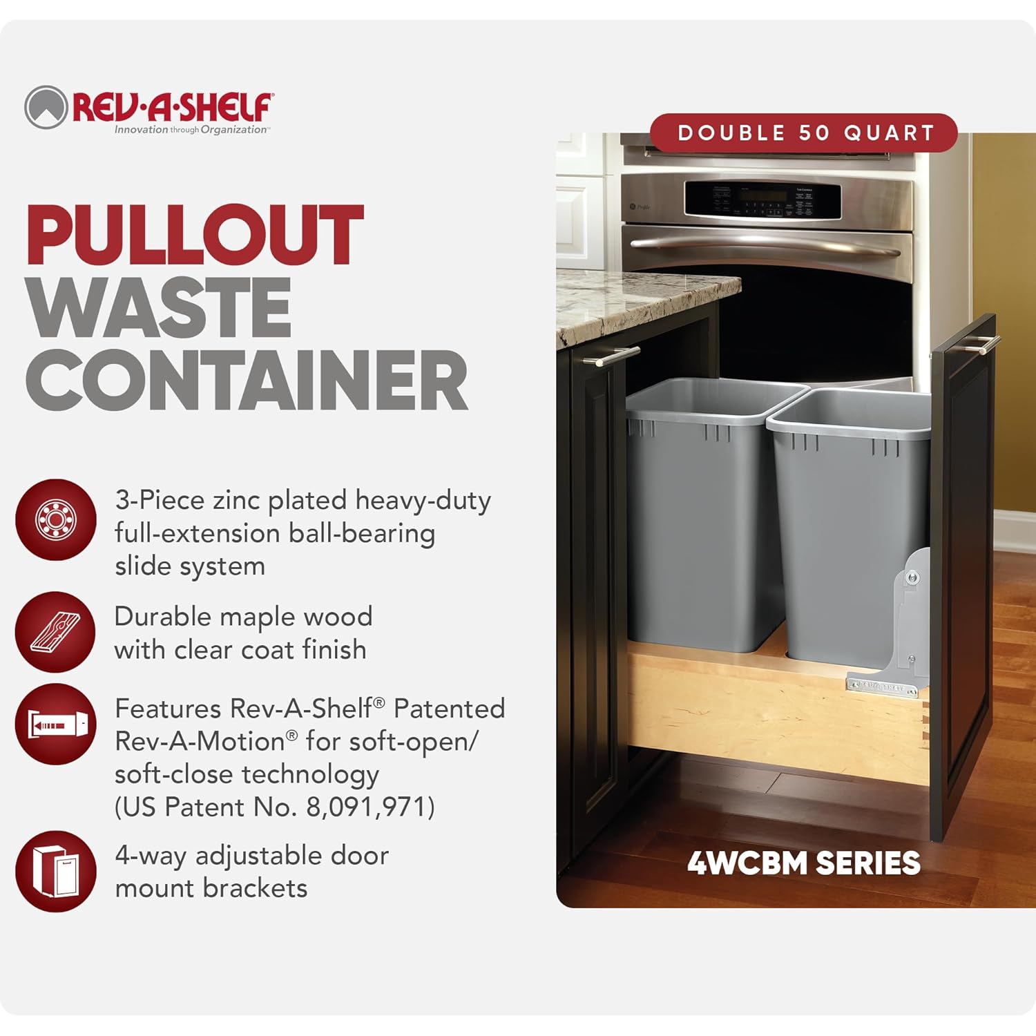 Rev-A-Shelf Double 50-Quart Pullout Under Cabinet Trash Cans with Soft Open & Close Slide System, Metallic Silver, Maple Wood Bottom 4WCBM-2150DM-2