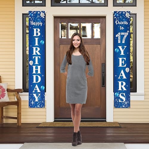 Miniatura 7 de Cartel de feliz cumpleaños 17 para puerta - Cartel de felicitación a 17 años, suministros de decoración de fiesta de cumpleaños para hombres y