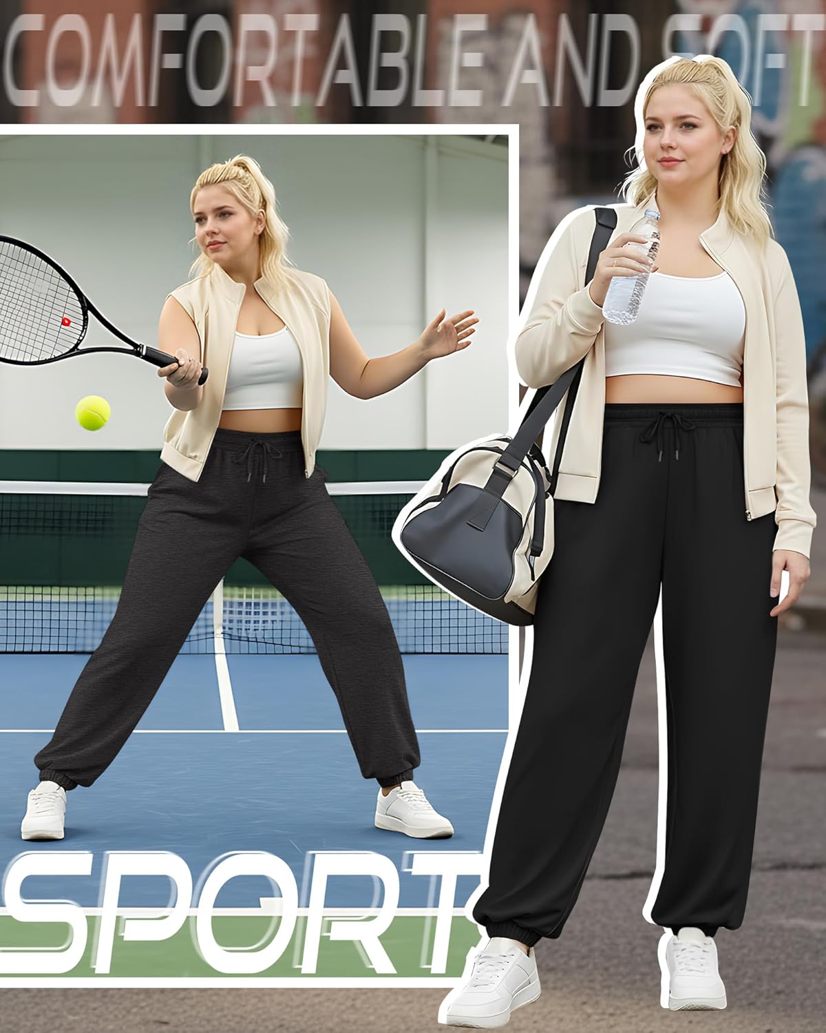 2 Pack Women's Plus Size Joggers, Drawstring Loose Baggy Sweatpants Cozy Athletic Casual Yoga Pants with Pockets - Image 4