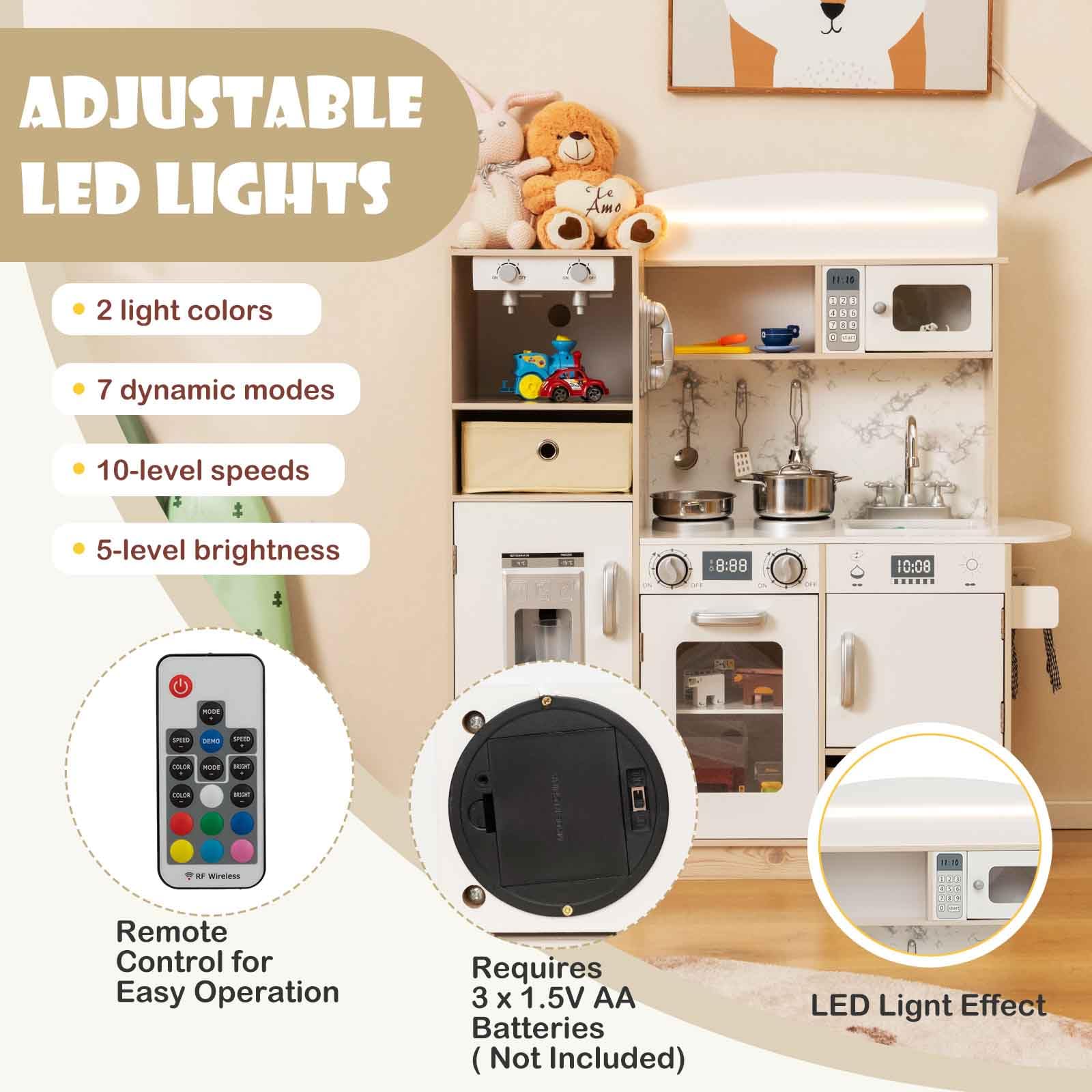 HOMASIS Cucina Giocattolo con Luci LED Regolabili, Cucina Realistica in Legno con Cestini in Tessuto Removibili, Macchina per Caffè, Frigorifero, Cucinetta per Bambini dai 3 Anni in su