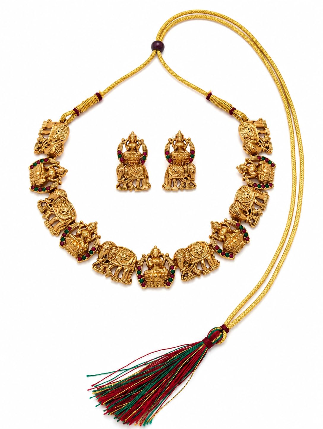 Gold Temple Necklace Set - Peacock & Gemstone Jewelry -10