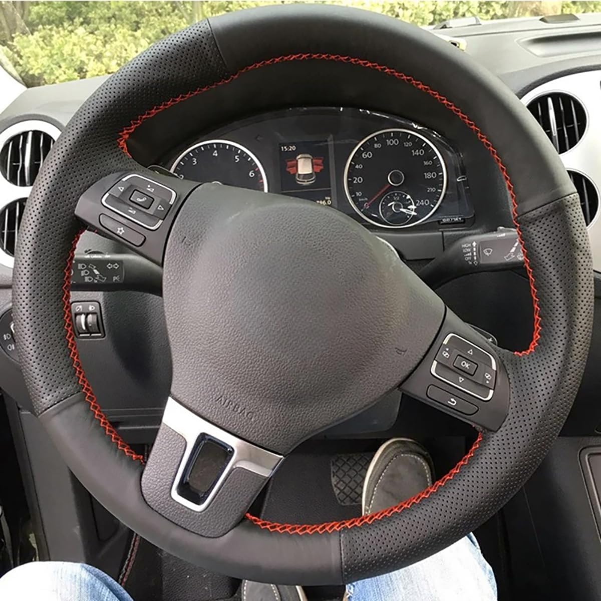 Loncky Custom OEM Car Genuine Leather Steering Wheel Cover for Volkswagen VW Tiguan/VW Passat/VW CC/VW Eos/VW Golf TDI/Jetta Sportwagen TDI/Jetta Hybrid/Jetta TDI/Jetta SE Accessories