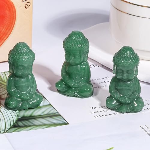 Vista 4 de Nupuyai Estatua de Buda tallada a mano con piedra de cristal para oficina en casa, escultura de piedra de aventurina verde curativa de Reiki de 1.9