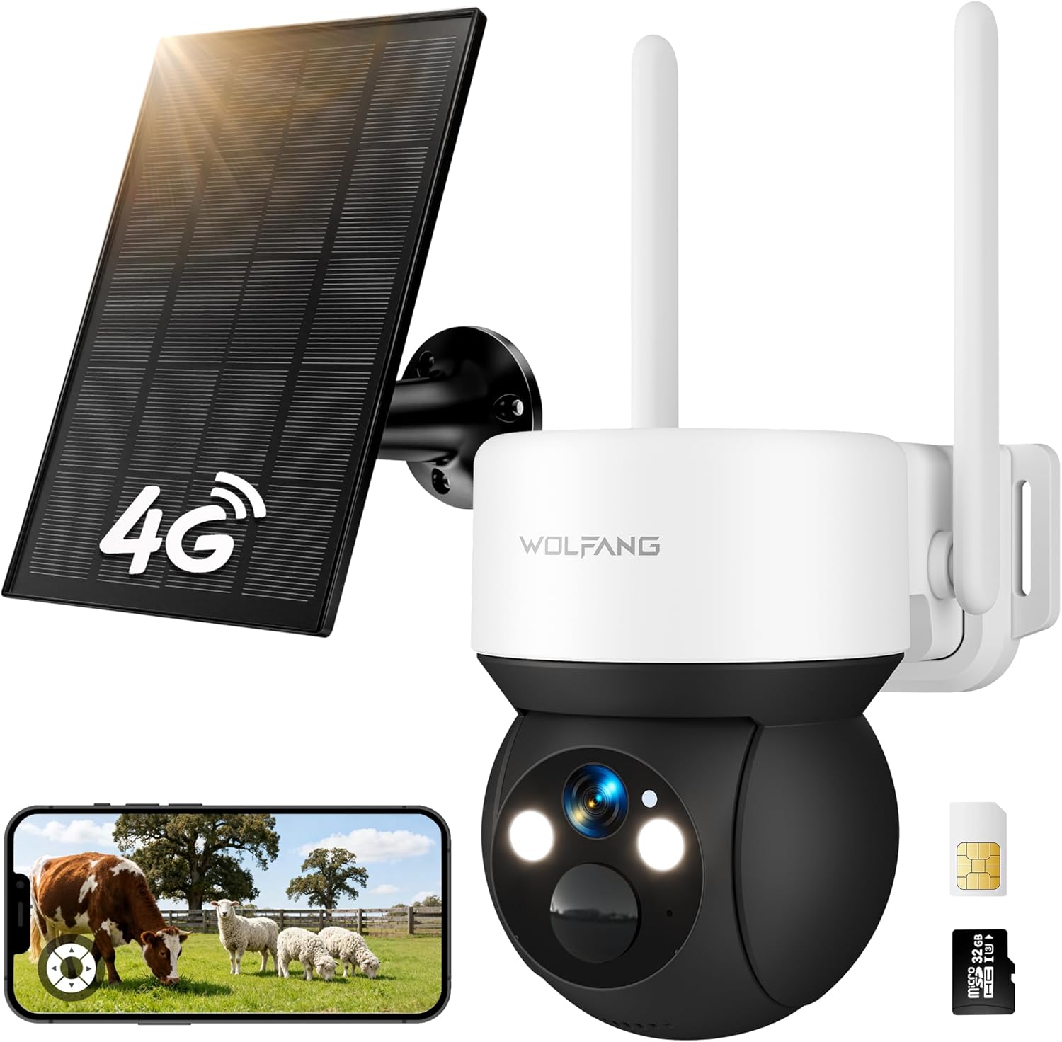 WOLFANG Telecamera Esterno 4G con SIM, Telecamera Senza WiFi, Pannello Solare, 2K HD, Visione Notturna con Faro, Audio Bidirezionale, PIR, Registrazione Locale, Scheda microSD 32 GB