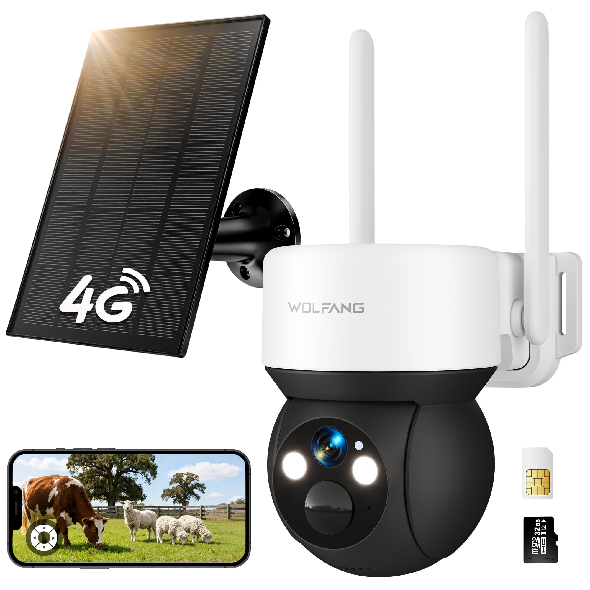 WOLFANG No WiFi Security Camera, 4G Trail Camera with SIM Card, Wildlife Camera Wireless Outdoor, Solar Powered, Night Vision, Spotlight, 2K HD, Local Recording, 2-Way Audio, PIR Motion, 32GB SD Card