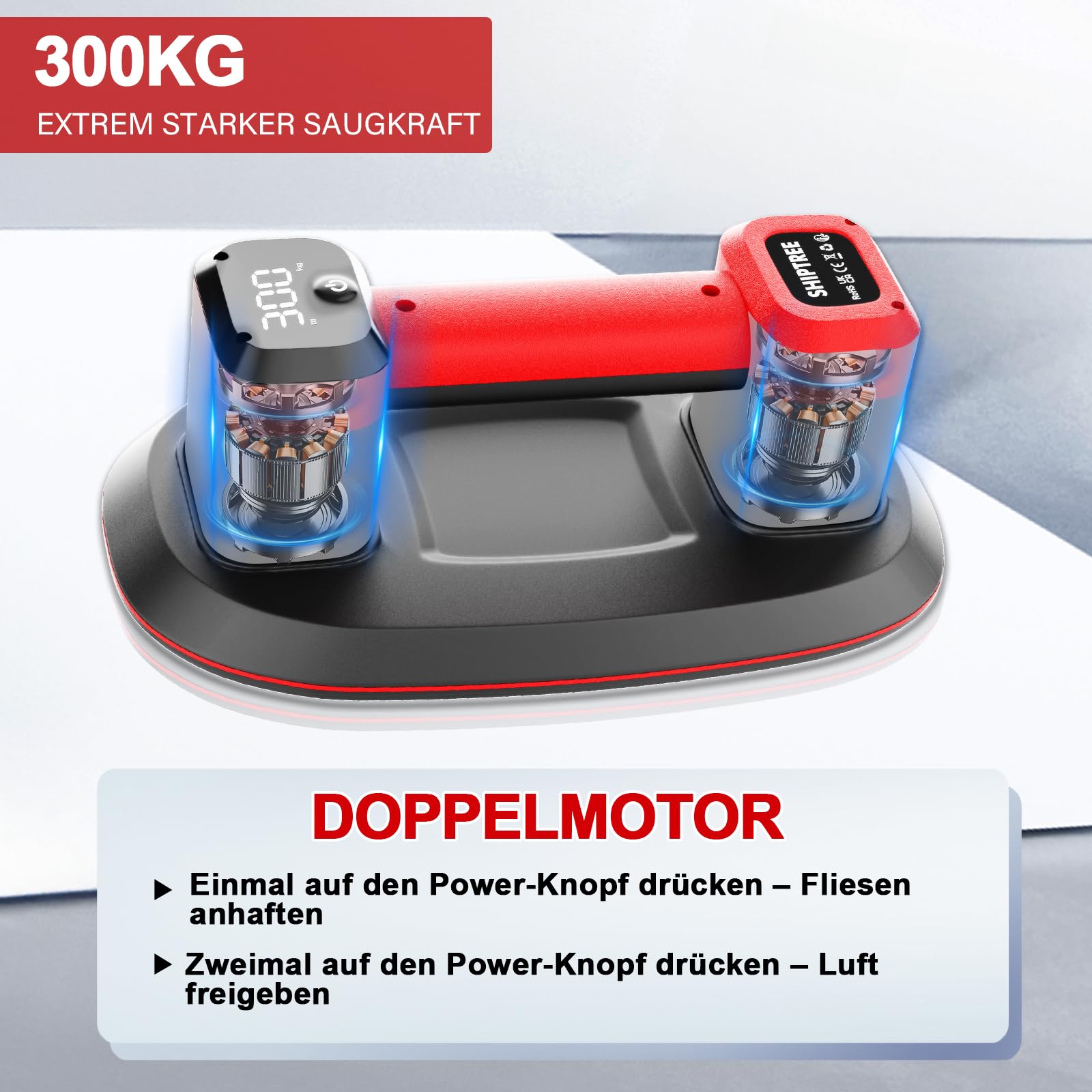 Akku Saugheber 300 KG, Upgrade Saugheber mit 5000 mAh Akku, Auto Nachsaugfunktion,Doppelmotor für Starke Saugleistung, LCD Anzeige, für Fliesen, Glas, Holzplatten, Marmor & Möbel