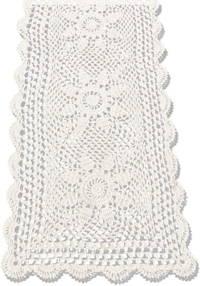 KEPSWET Sunflower Cotton Handmade Crochet Lace Rectangle Table Runner Coffee Table Decor (14x72 inch, Beige)