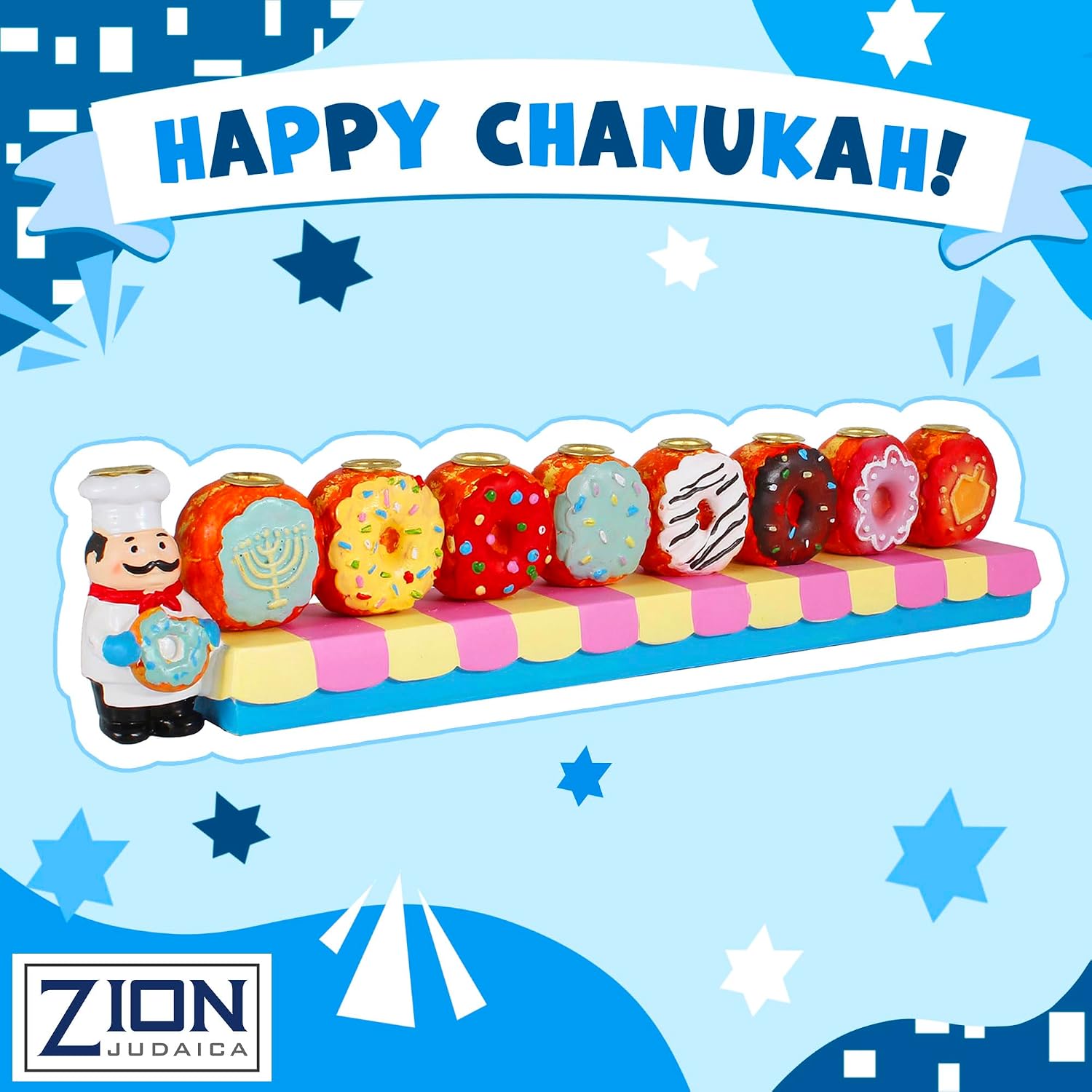 Zion Judiaca Doughnuts Menorah for Children Candle Menorah Hand-Painted Chanukah Sofganiyot Chanukiah for Kids Fits Standard Hanukkah Candles Collectible Chanukiyas