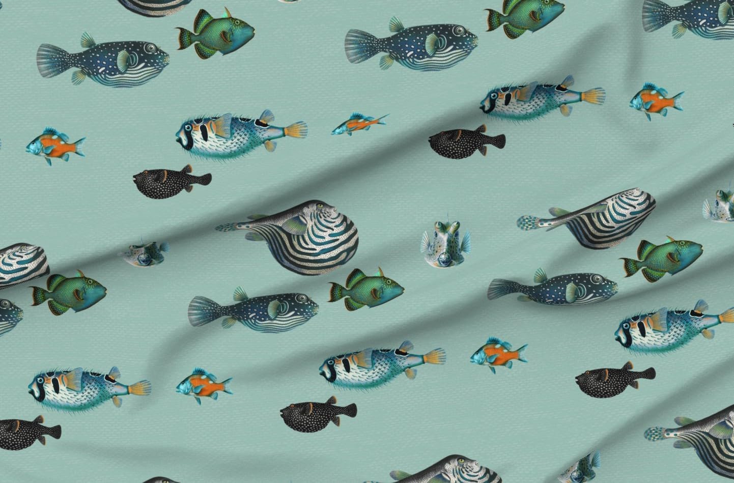 Spoonflower Fabric - Vintage Nautical Sea Life Coastal Maritime Duck Egg Aqua Tropical Printed on Petal Cotton Fabric Fat Quarter - Sewing Quilting Apparel Crafts Decor