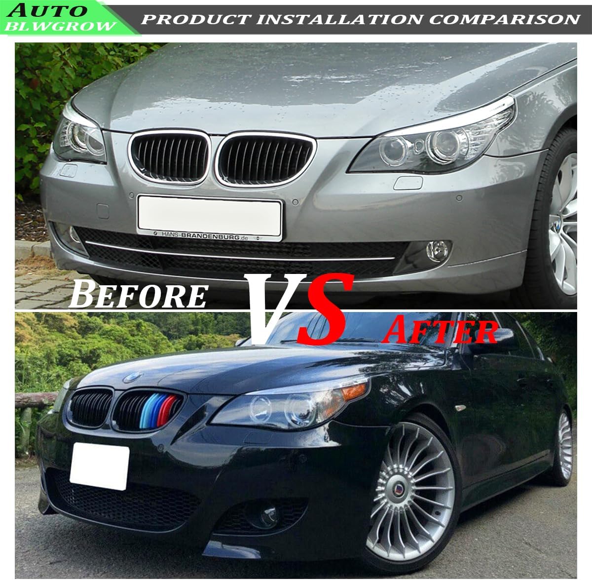 Front Kidney Grille Compatible with 2003-2009 BMW 5 series 520i 523i 525i 528i 530i 535i 550i BMW E60 Kidney Grill Glossy Black Double Slats With M Color